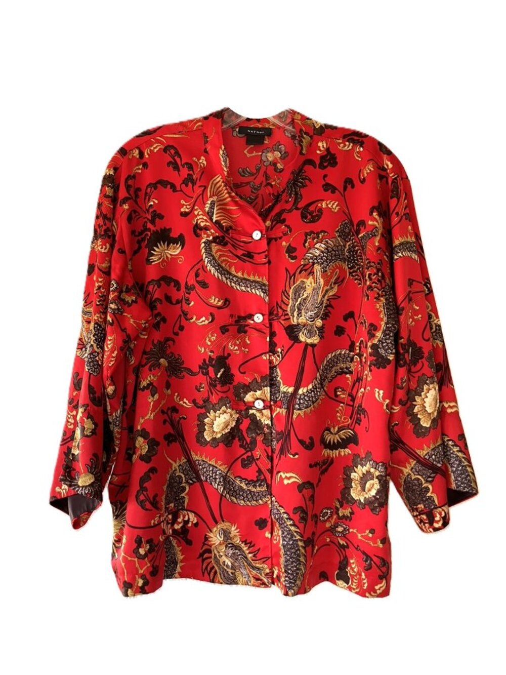 Natori Red Dragon & Floral Print Silky Blouse Size M